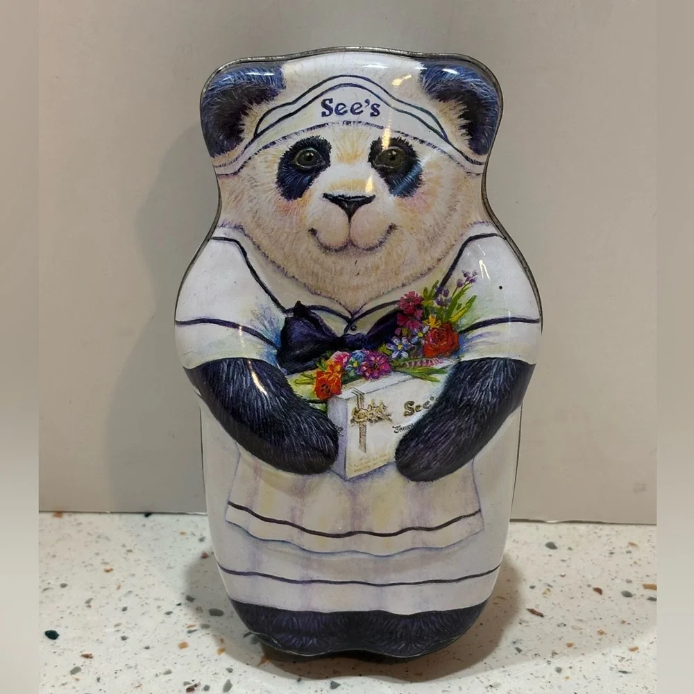 Vintage 1990s See’s Candy Panda Tin with Floral‎ Design